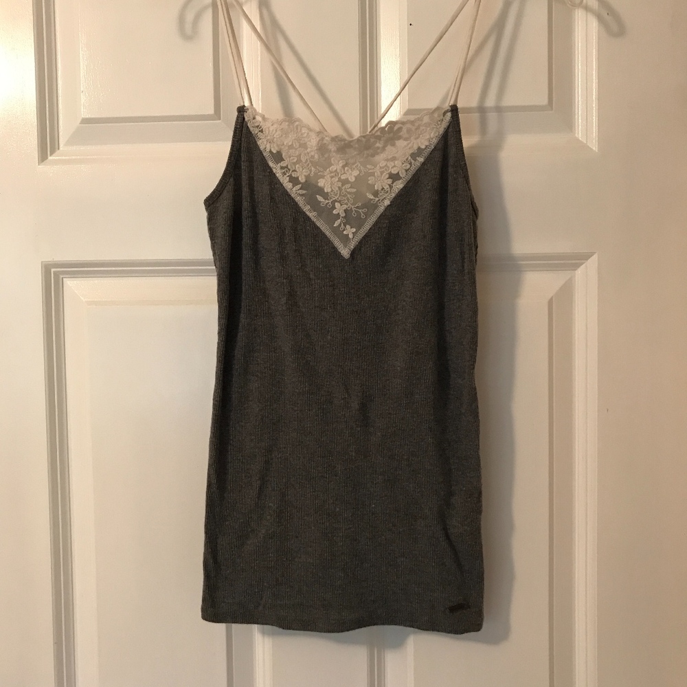 Hollister | Dark Grey Strappy Tank w/ Lace V-Neck